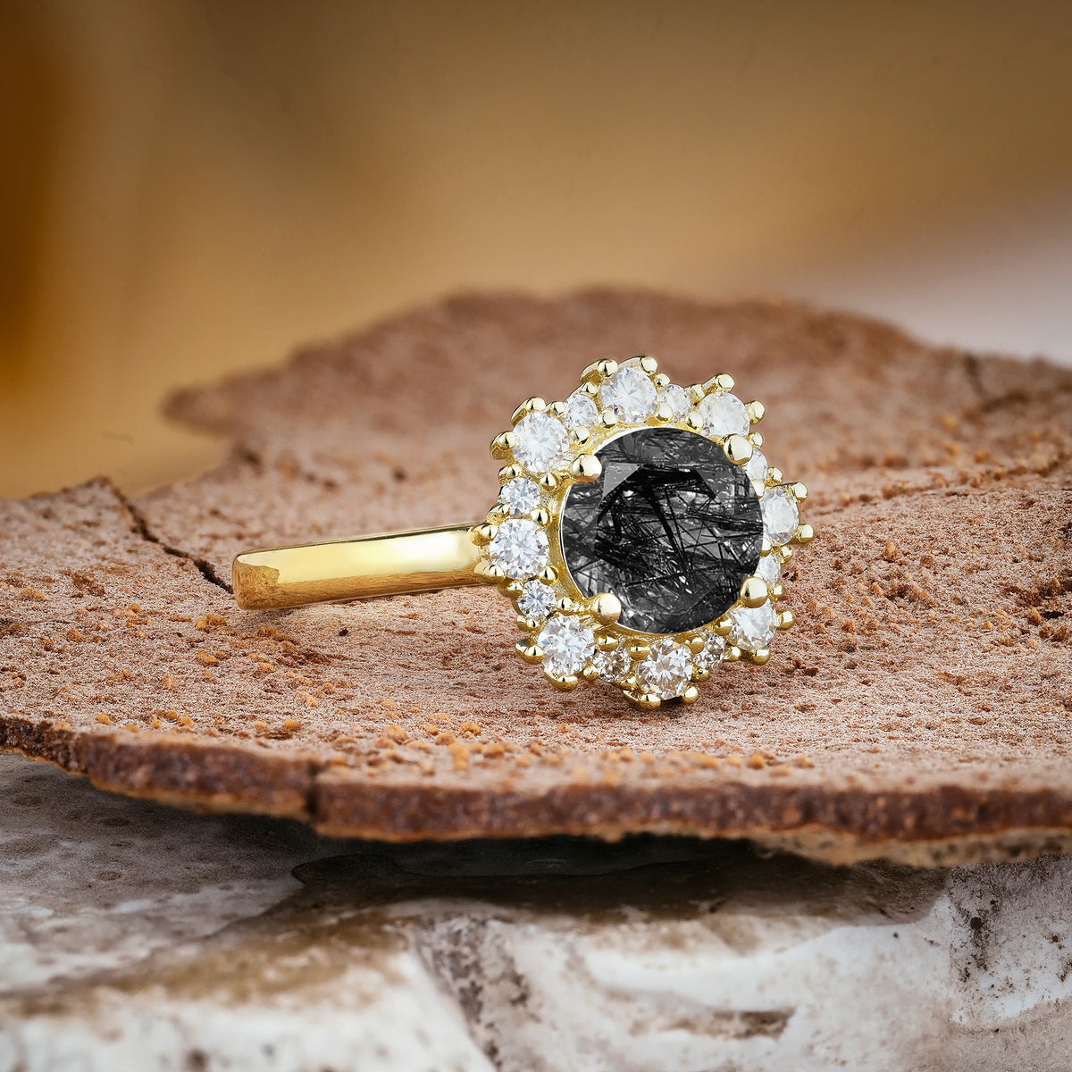 Unique Pavé-Set, Luxurious 4-Prong Round-Cut Black Rutilated Quartz Engagement Ring