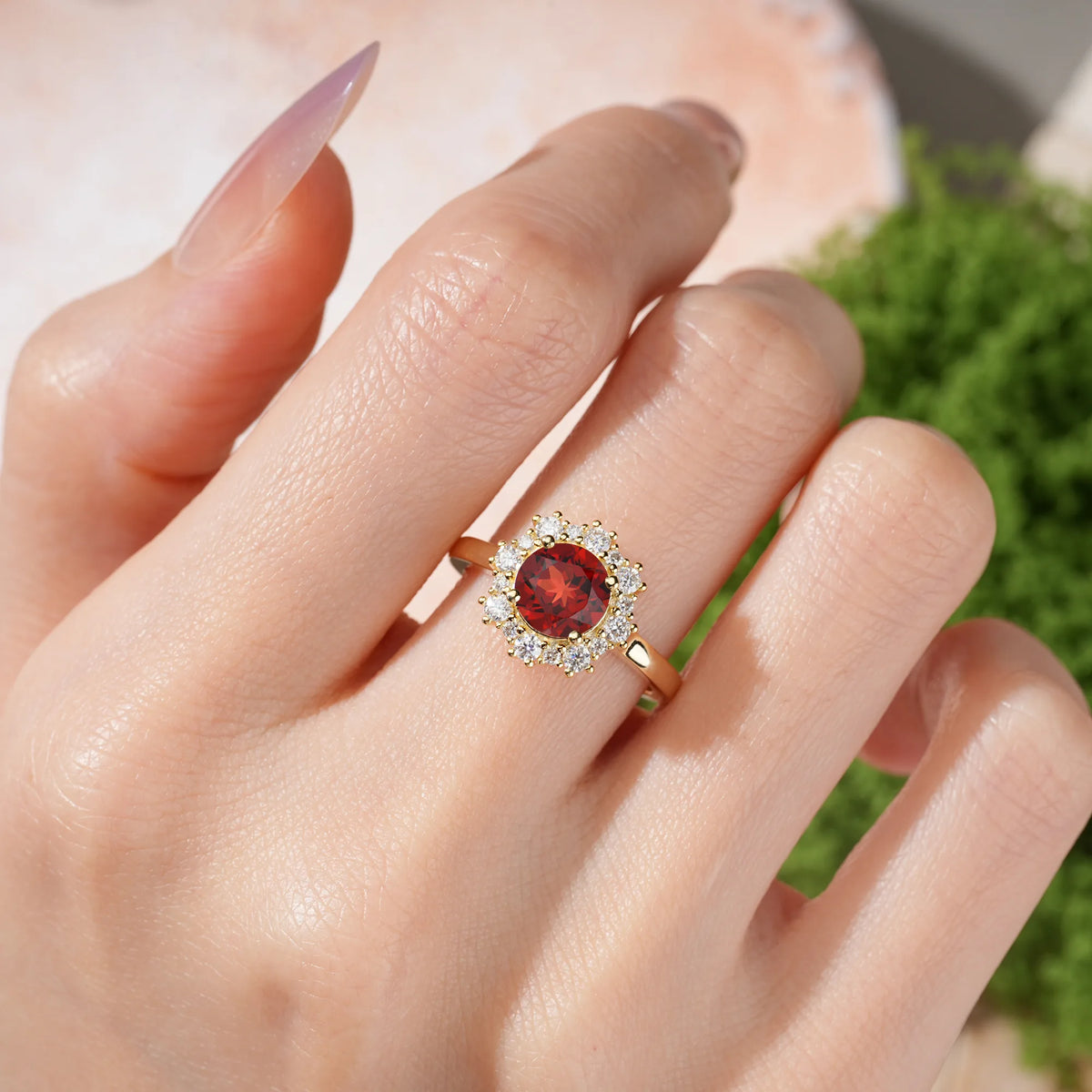 Round-Cut Garnet Unique Pavé-Set, Luxurious 4-Prong Engagement Ring