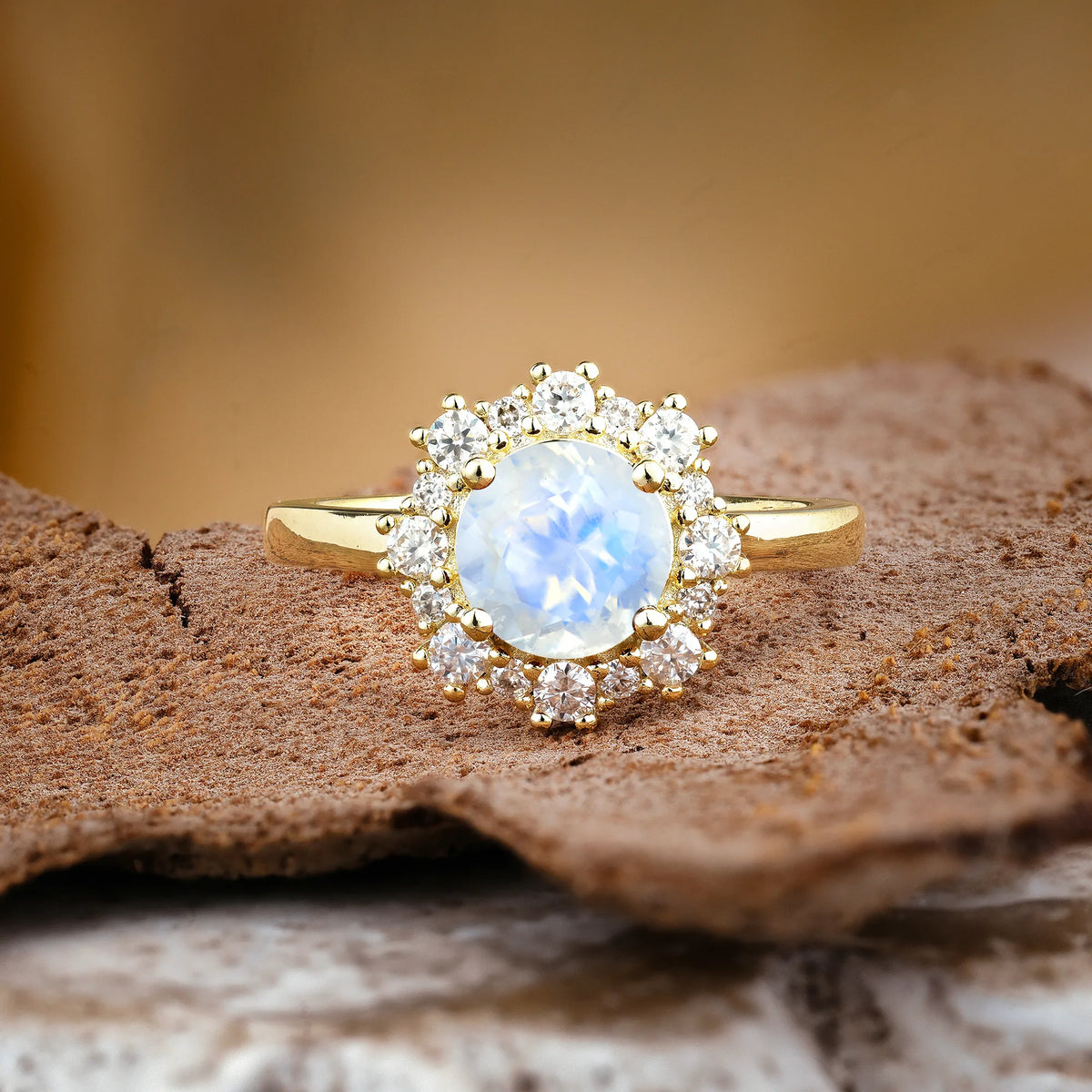 Unique Pavé-Set, Luxurious 4-Prong Round-Cut Moonstone Engagement Ring