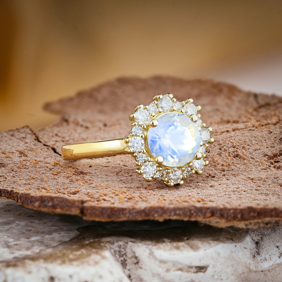 Unique Pavé-Set, Luxurious 4-Prong Round-Cut Moonstone Engagement Ring