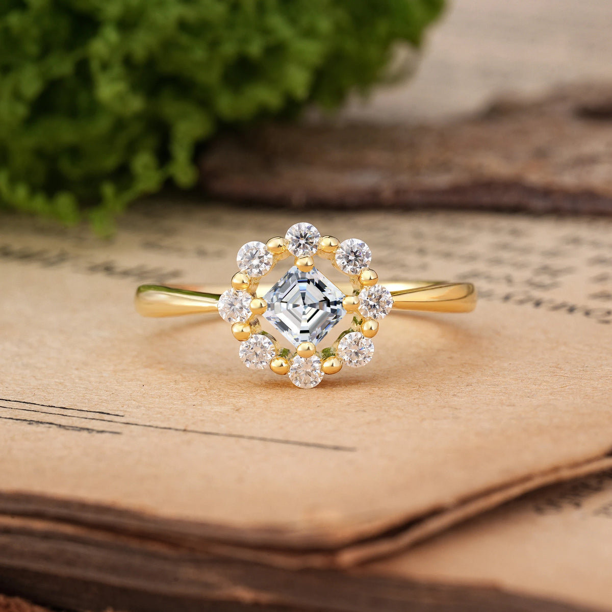 Princess Cut Moissanite Dainty Plain Polished Band Radiant Flower Halo Engagement Ring