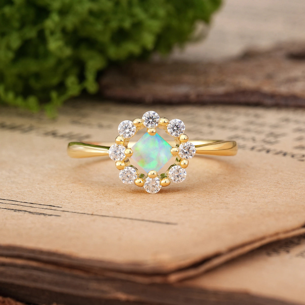 Princess Cut Fire Opal Dainty Plain Polished Band Radiant Flower Halo Engagement Ring