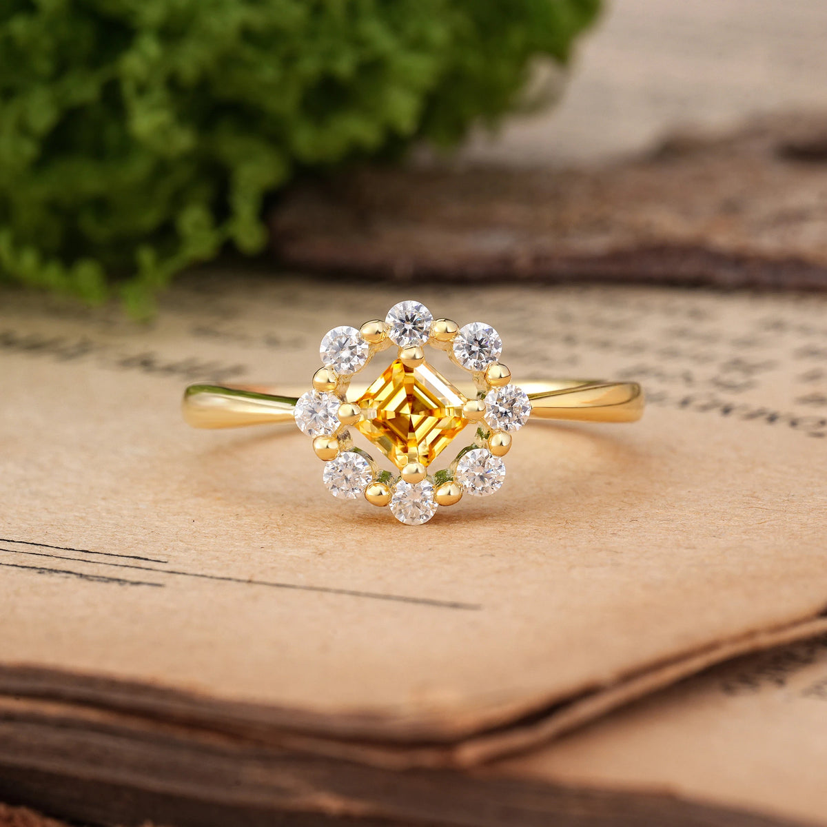 Princess Cut Citrine Dainty Plain Polished Band Radiant Flower Halo Engagement Ring