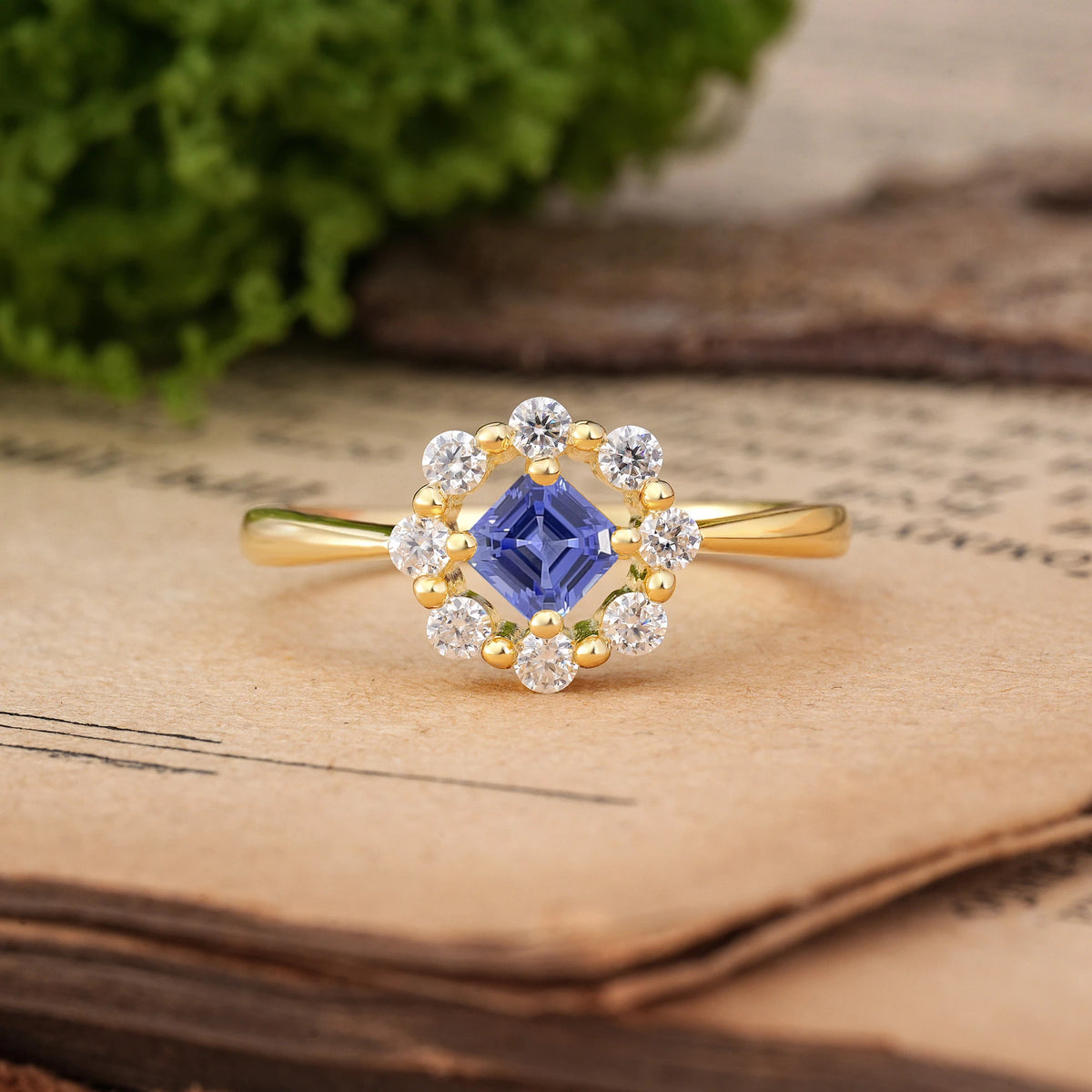 Princess Cut Tanzanite Dainty Plain Polished Band Radiant Flower Halo Engagement Ring