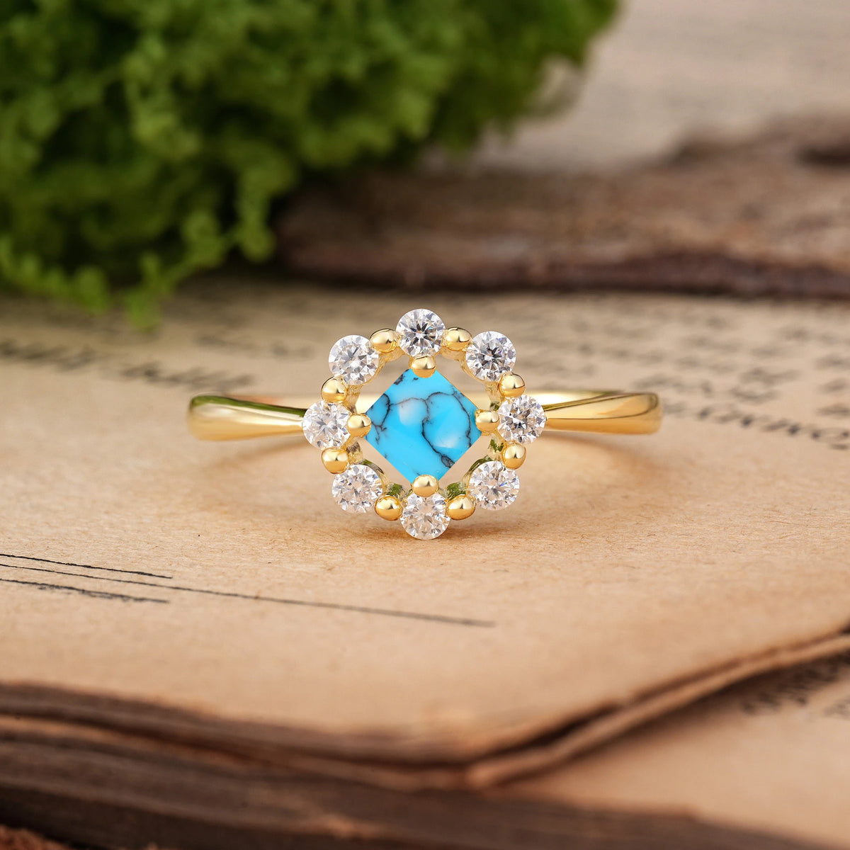 Princess Cut Turquoise Dainty Plain Polished Band Radiant Flower Halo Engagement Ring