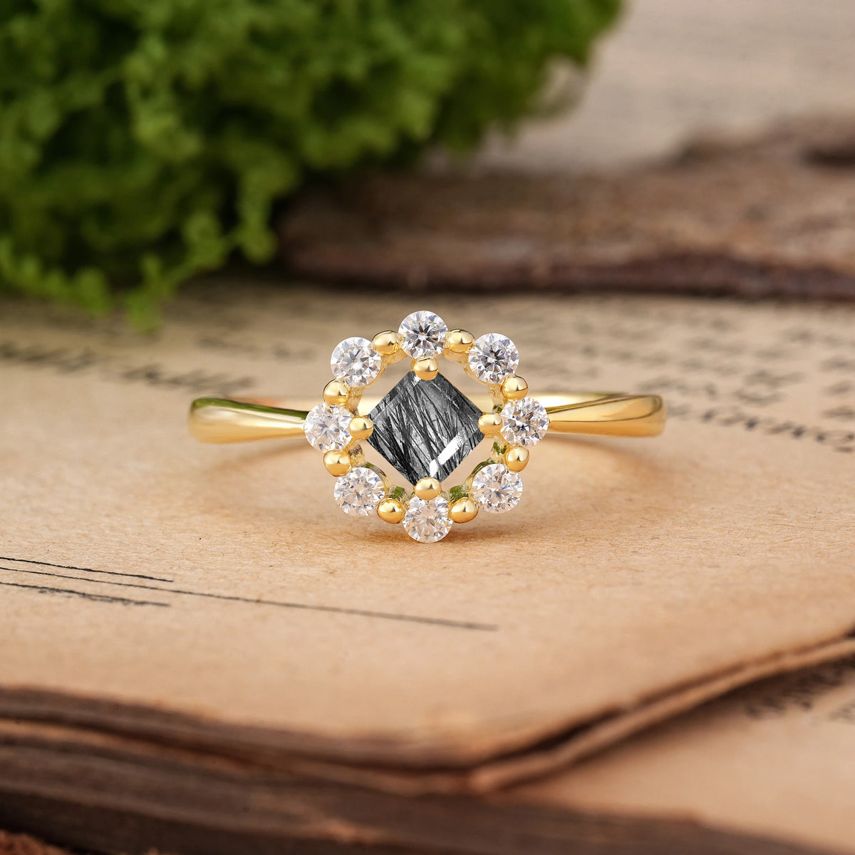 Princess Cut Black Rutilated Quartz Dainty Plain Polished Band Radiant Flower Halo Engagement Ring