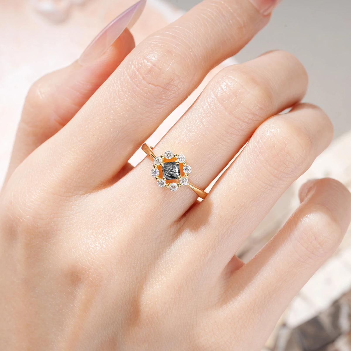 Princess Cut Black Rutilated Quartz Dainty Plain Polished Band Radiant Flower Halo Engagement Ring