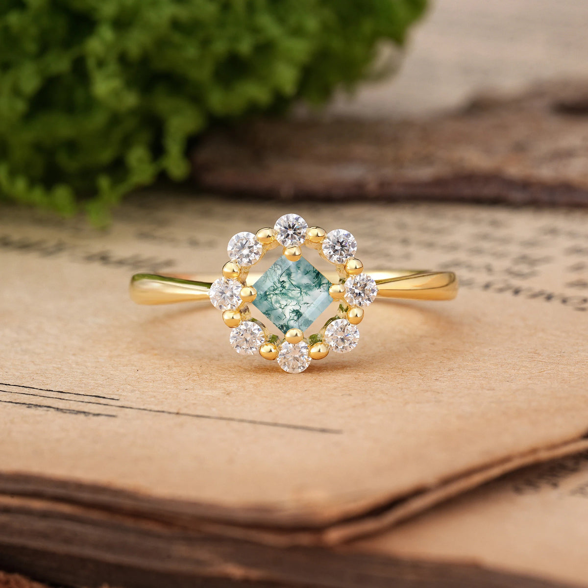 Princess Cut Moss Agate Dainty Plain Polished Band Radiant Flower Halo Engagement Ring