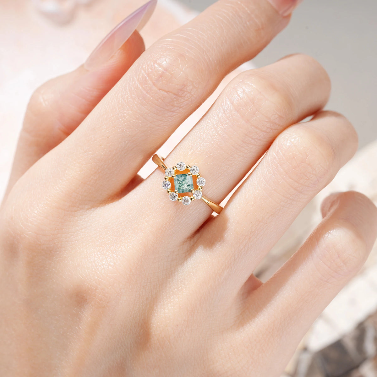 Princess Cut Moss Agate Dainty Plain Polished Band Radiant Flower Halo Engagement Ring