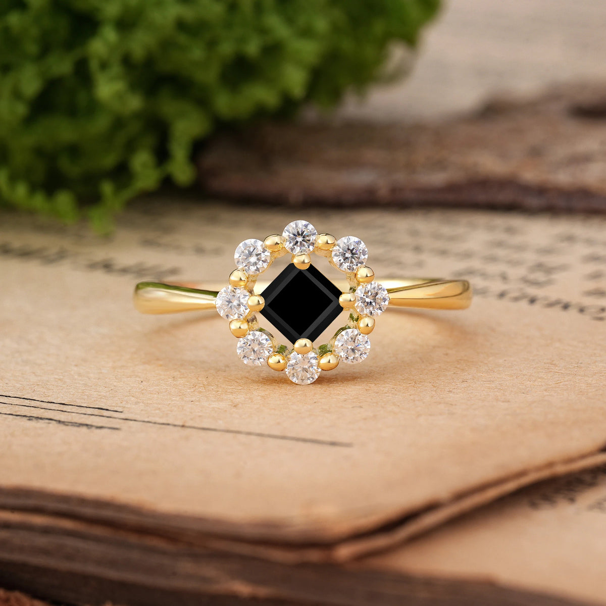 Princess Cut Black Onyx Dainty Plain Polished Band Radiant Flower Halo Engagement Ring