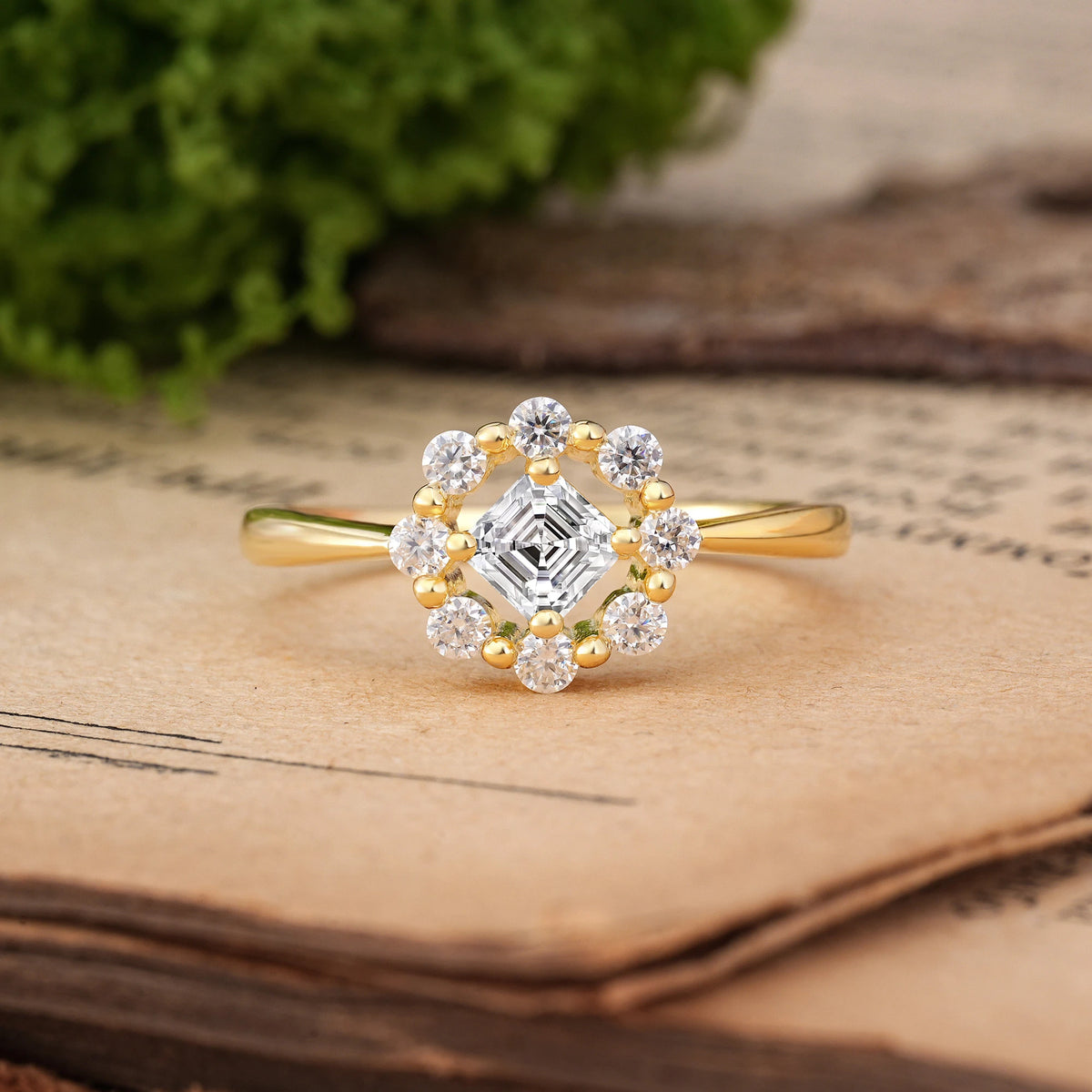 Princess Cut Lab Diamond Dainty Plain Polished Band Radiant Flower Halo Engagement Ring
