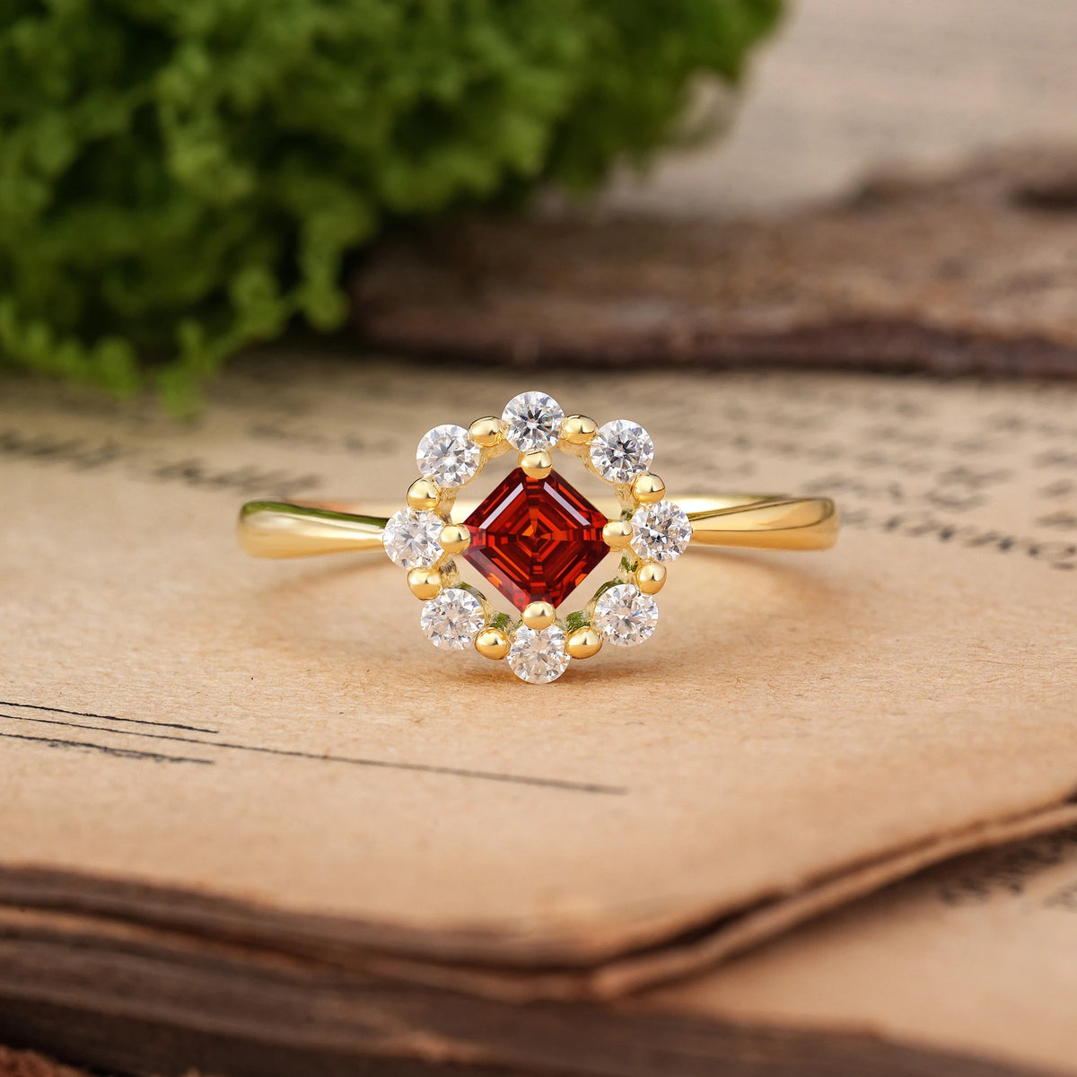 Princess Cut Garnet Dainty Plain Polished Band Radiant Flower Halo Engagement Ring