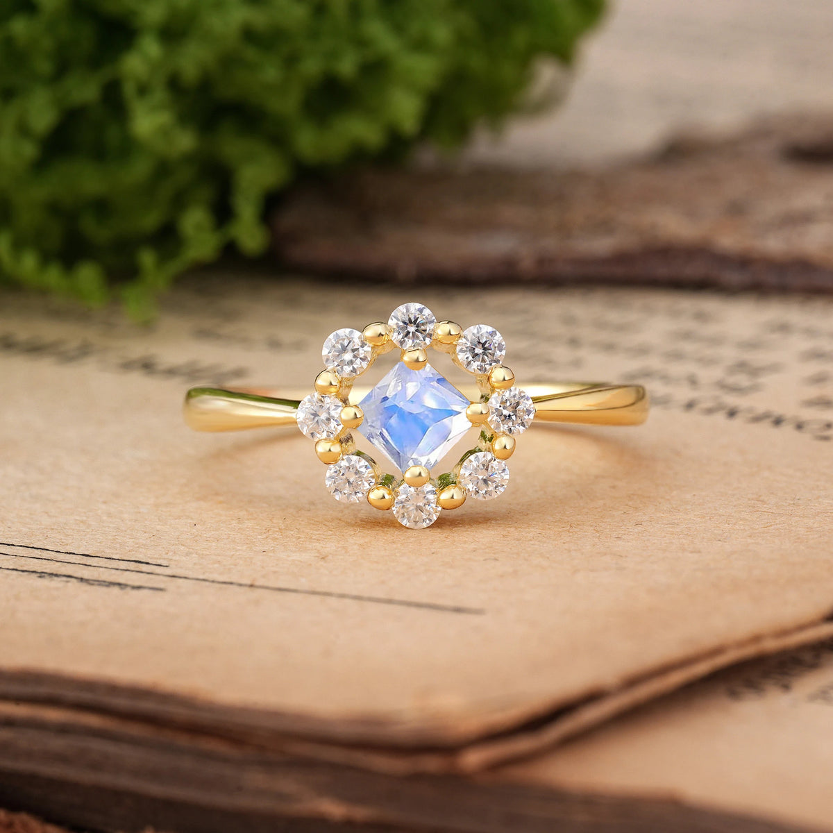 Princess Cut Moonstone Dainty Plain Polished Band Radiant Flower Halo Engagement Ring