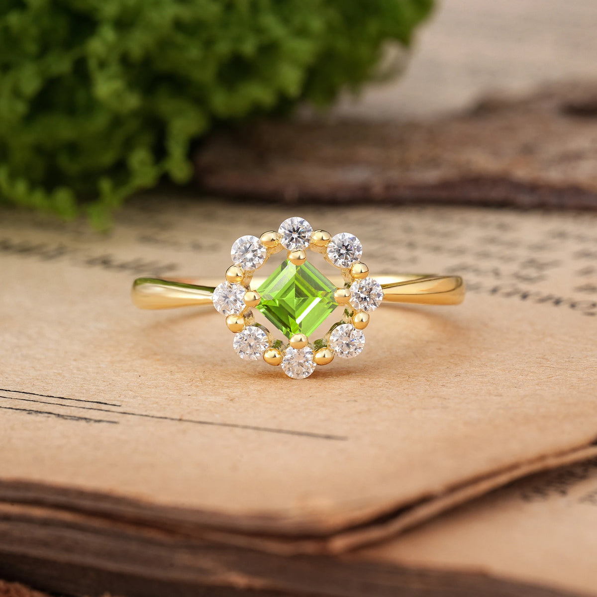 Princess Cut Peridot Dainty Plain Polished Band Radiant Flower Halo Engagement Ring