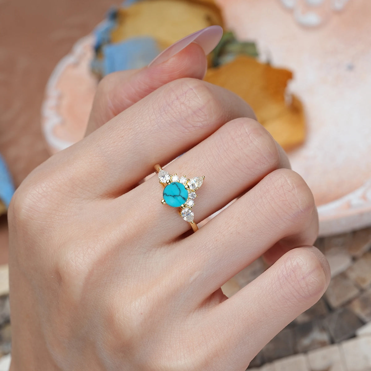 Round-Cut Turquoise Classic Luxury Crown 4-Prong Engagement Ring
