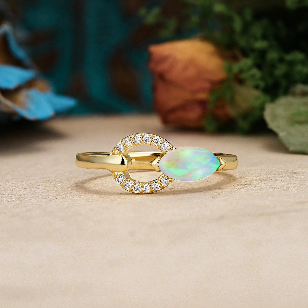 Marquise Cut Fire Opal Unique 2-Prong Promise Ring