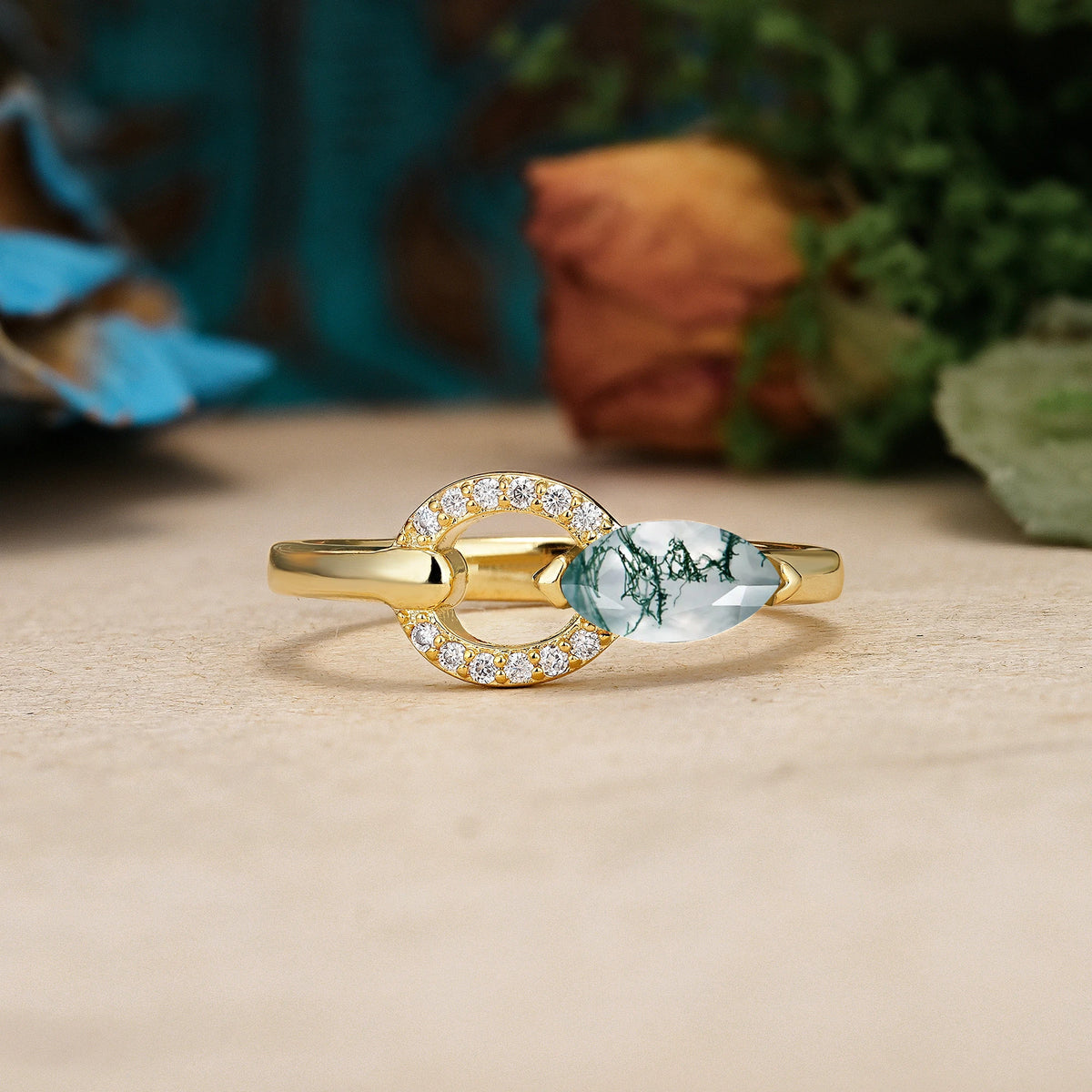 Marquise Cut Moss Agate Unique 2-Prong Promise Ring