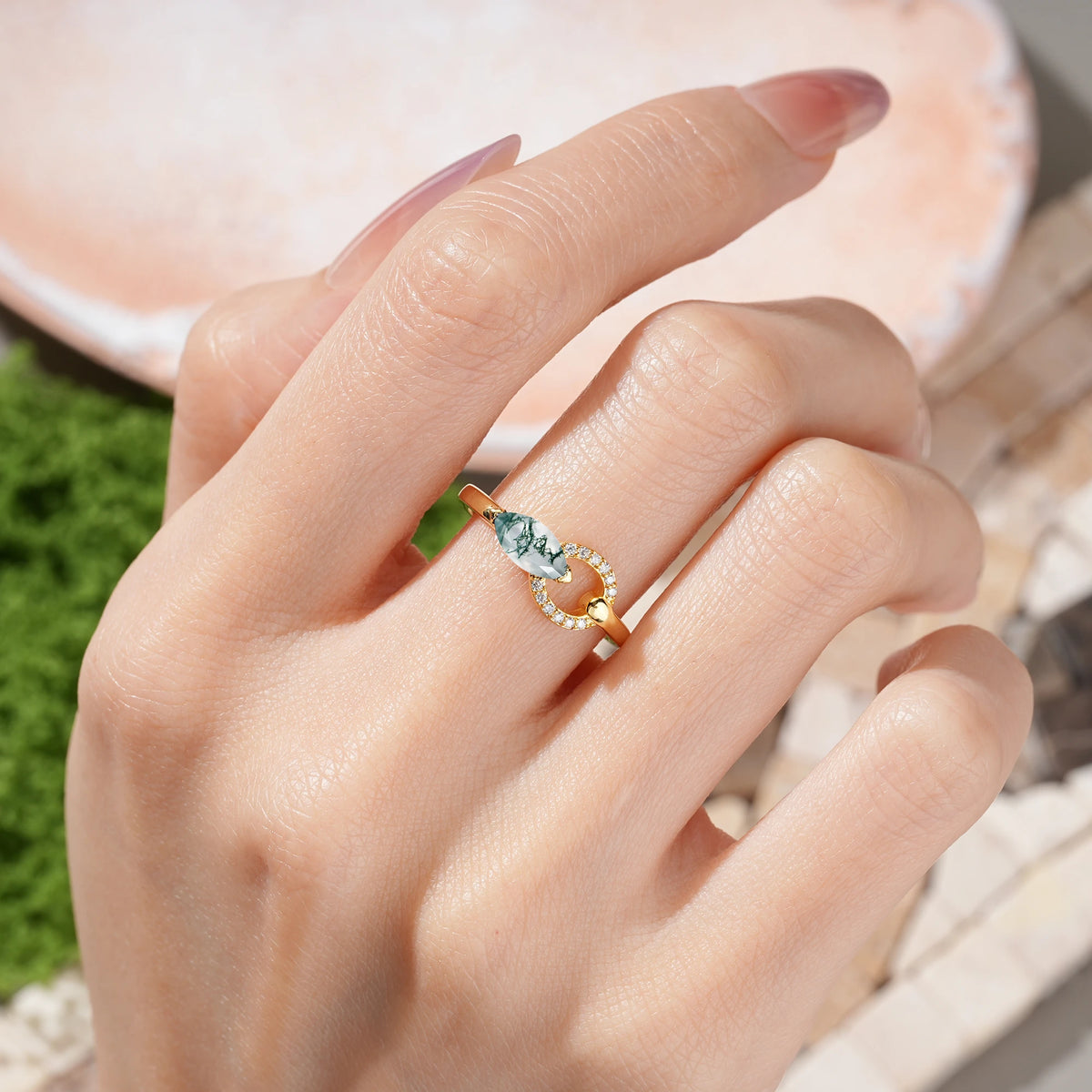 Marquise Cut Moss Agate Unique 2-Prong Promise Ring