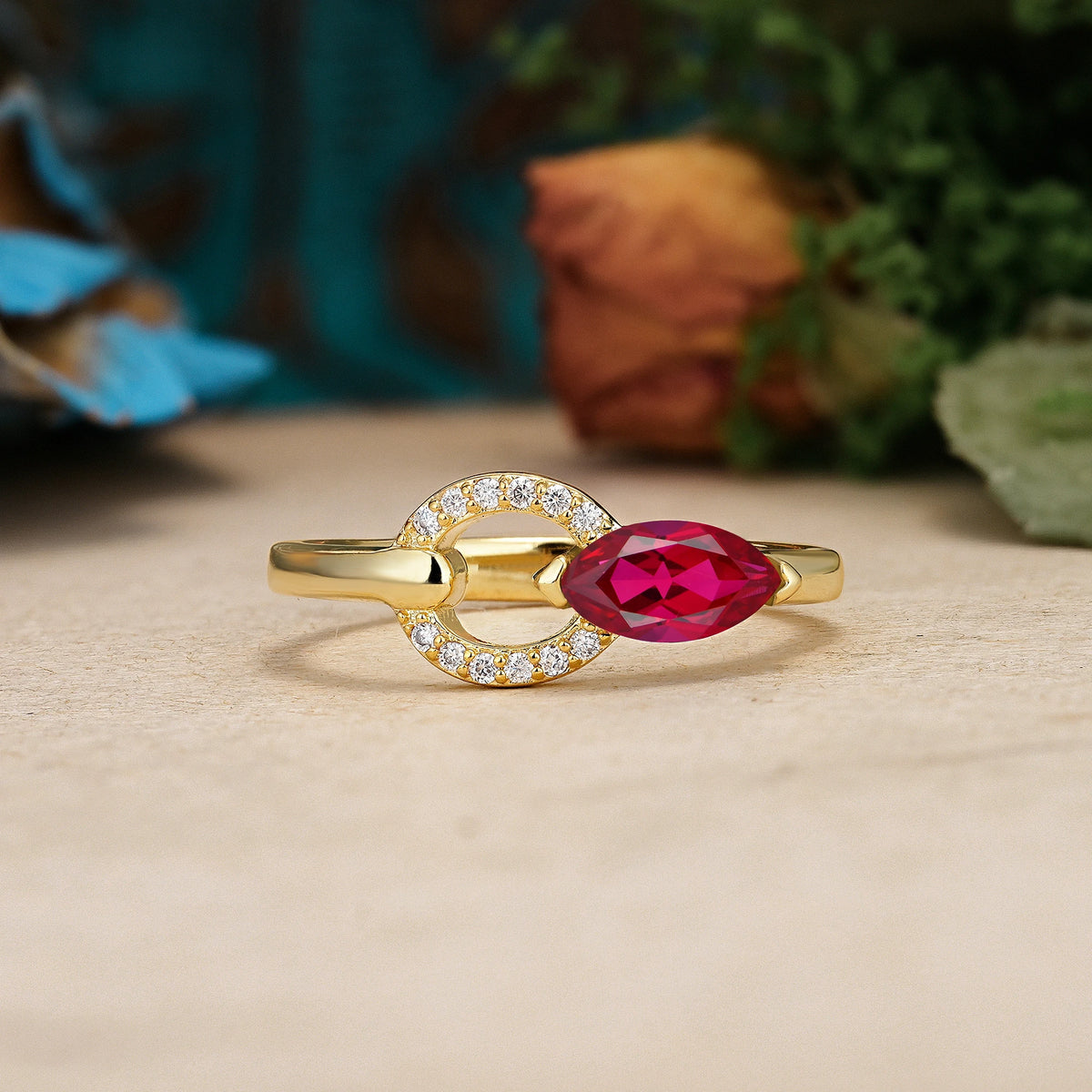 Marquise Cut Ruby Unique 2-Prong Promise Ring