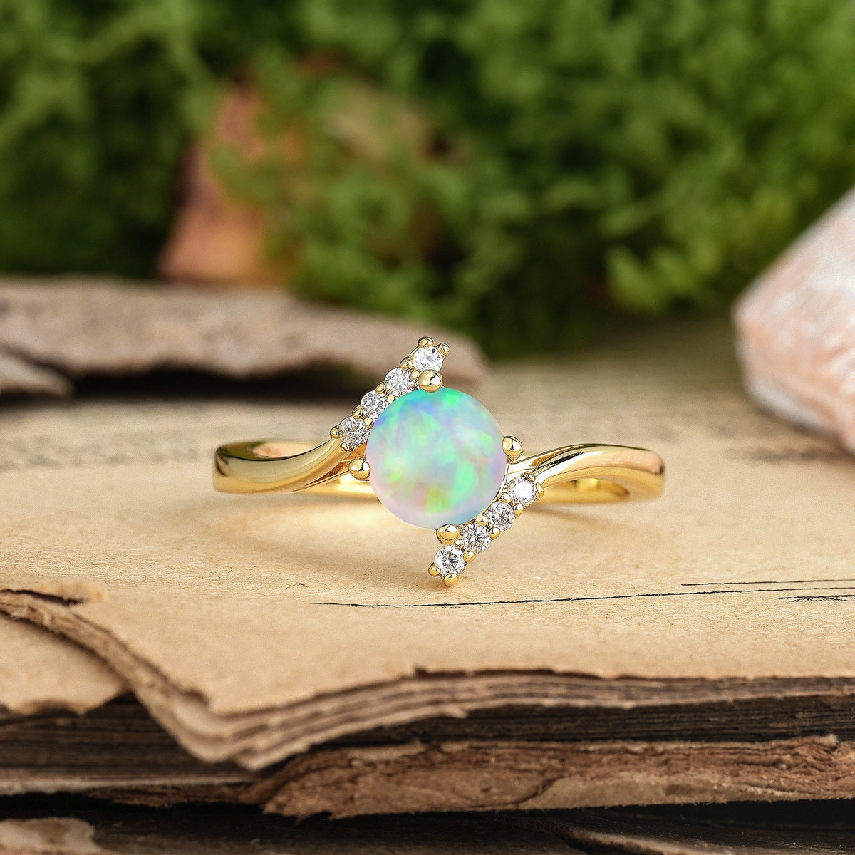 Round Cut Fire Opal Unique Twisted 4 Prong Promise Ring