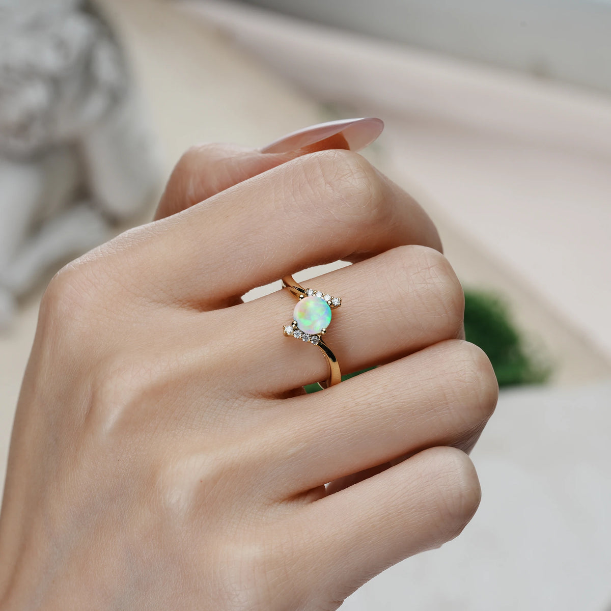 Round Cut Fire Opal Unique Twisted 4 Prong Promise Ring