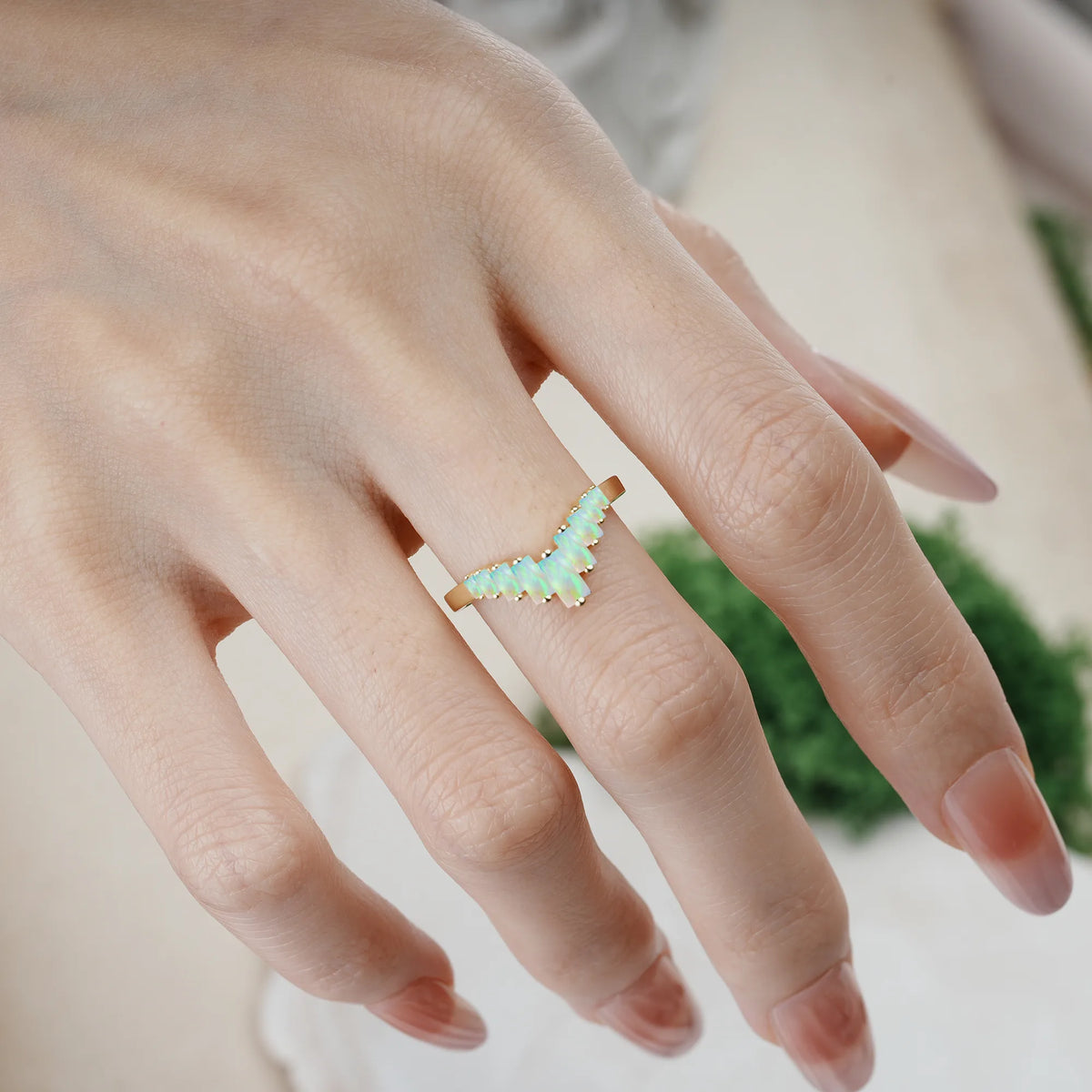 Emerald Cut Fire Opal Elegant Soft Mountain Peak V Shape Graduated Wedding Ring