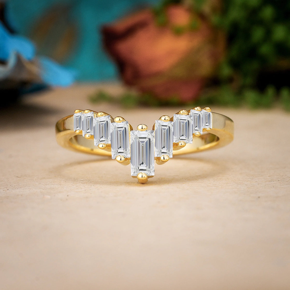 Emerald Cut Lab Diamond Elegant Soft Mountain Peak V Shape Graduated Wedding Ring