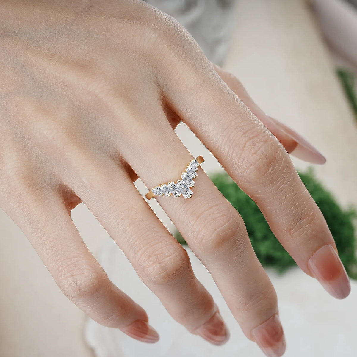 Emerald Cut Lab Diamond Elegant Soft Mountain Peak V Shape Graduated Wedding Ring