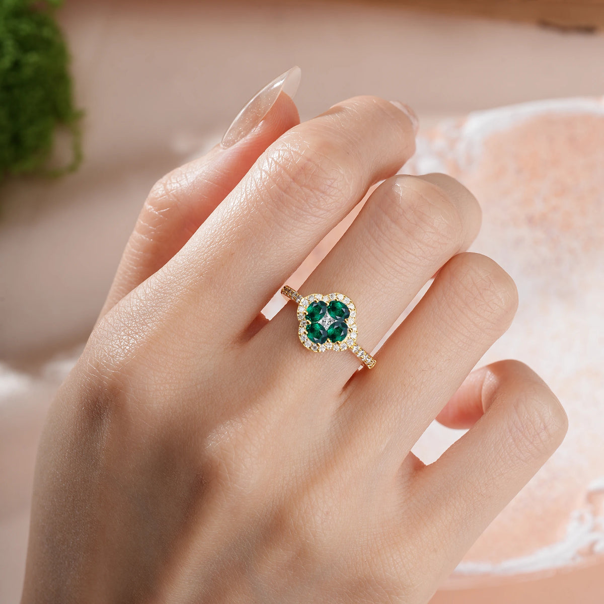 Oval Cut Emerald Unique Flower-Shaped 4-Prong Engagement Ring