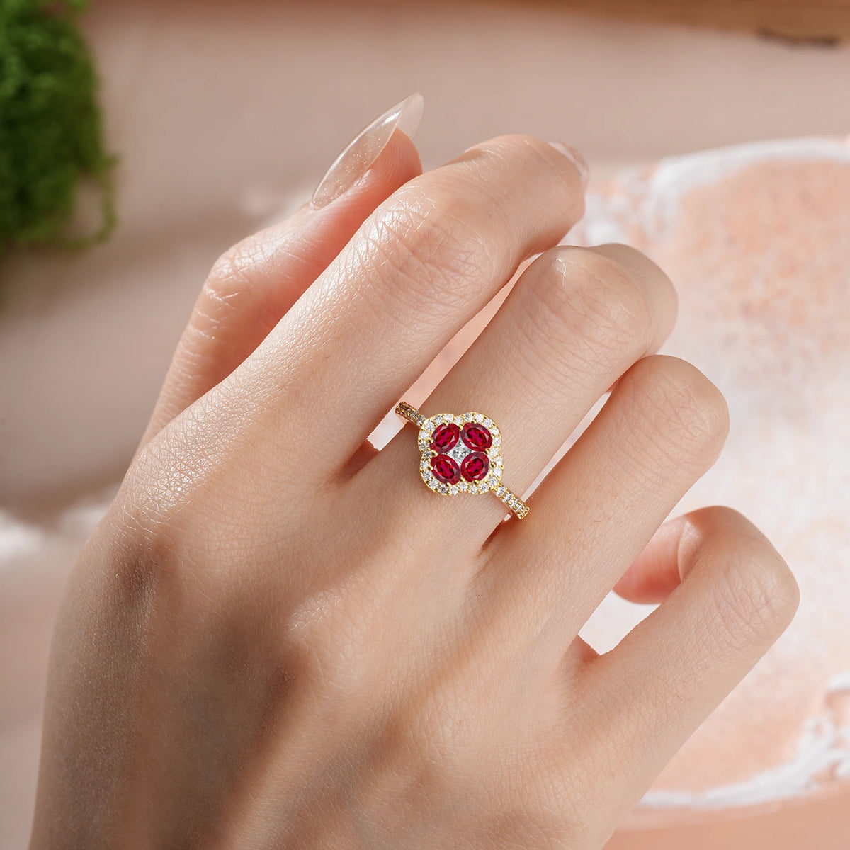 Oval Cut Ruby Unique Flower-Shaped 4-Prong Engagement Ring
