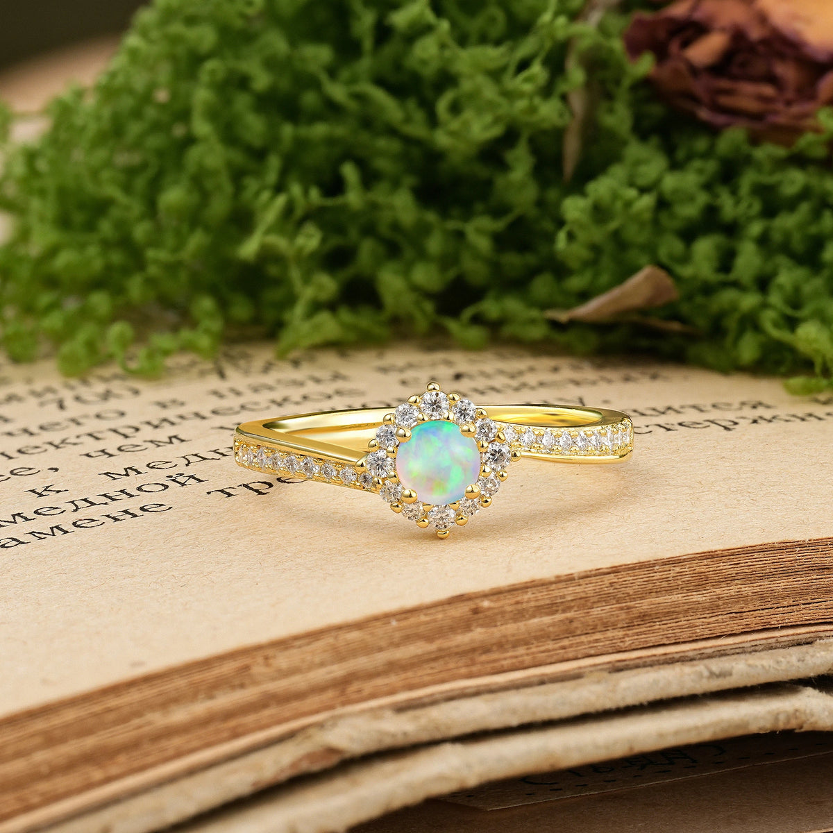Round Cut Fire Opal Classic Pavé-Set, Luxurious 4-Prong Engagement Ring