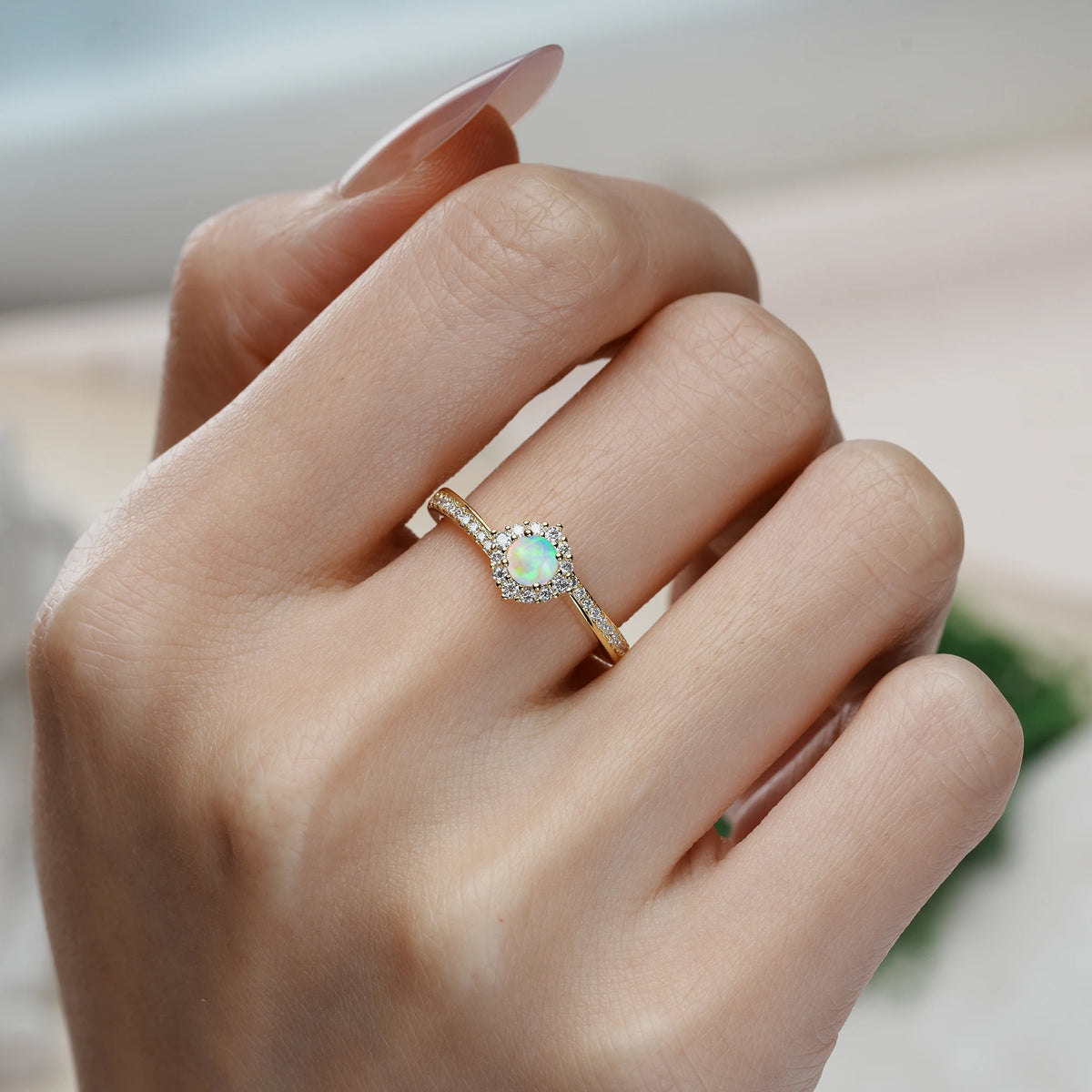 Round Cut Fire Opal Classic Pavé-Set, Luxurious 4-Prong Engagement Ring