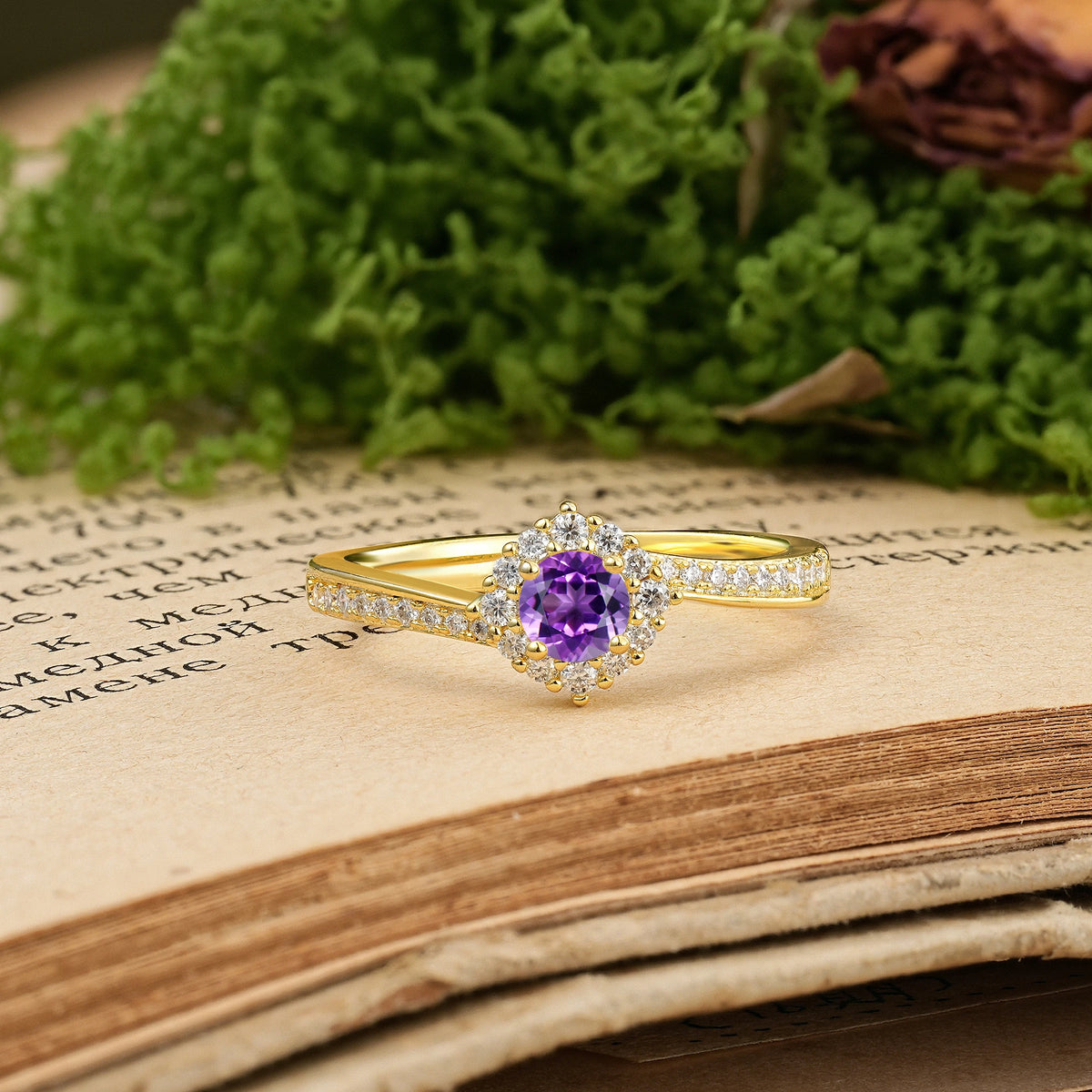 Round Cut Amethyst Classic Pavé-Set, Luxurious 4-Prong Engagement Ring