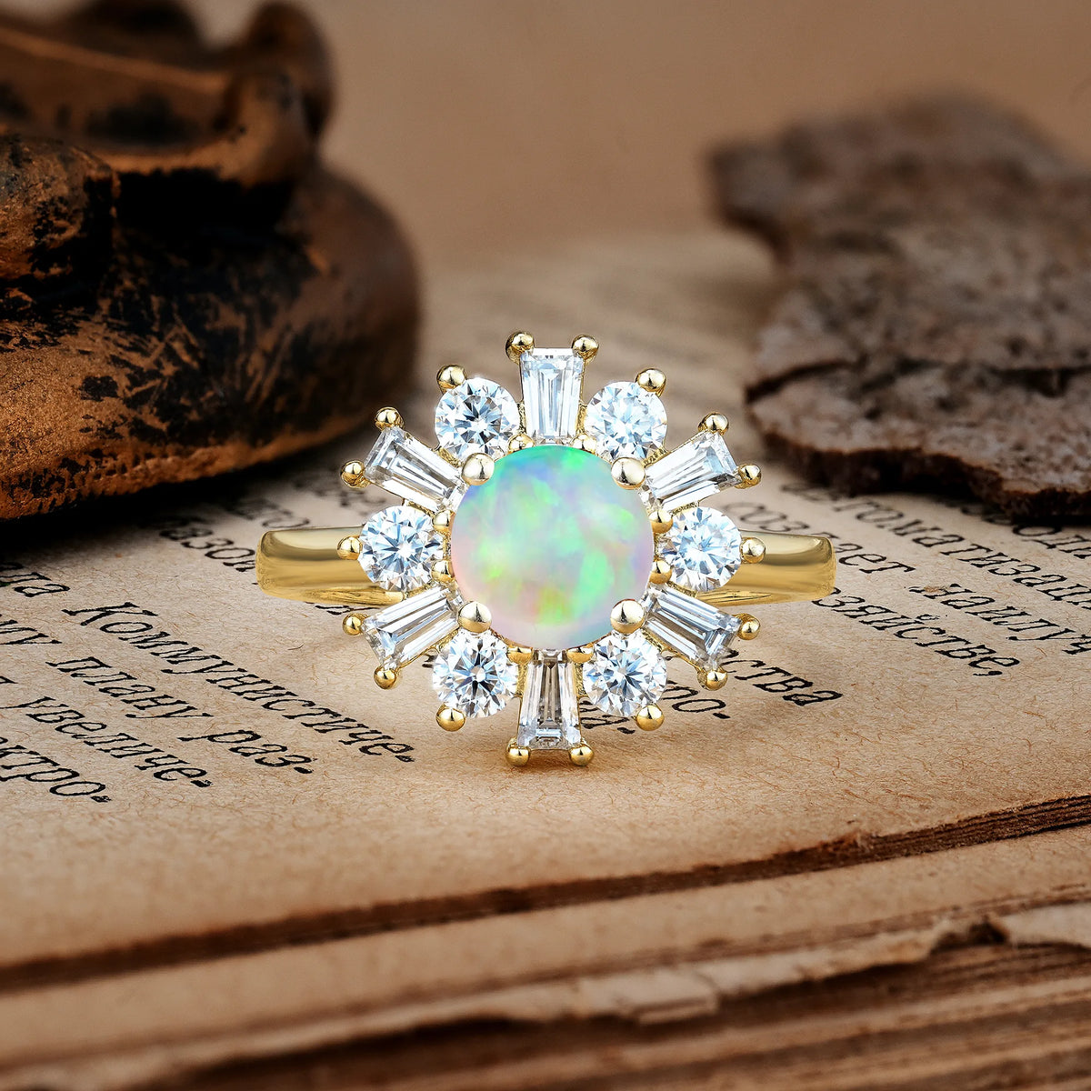 Unique Luxurious 4-Prong Round Cut Fire Opal Engagement Ring
