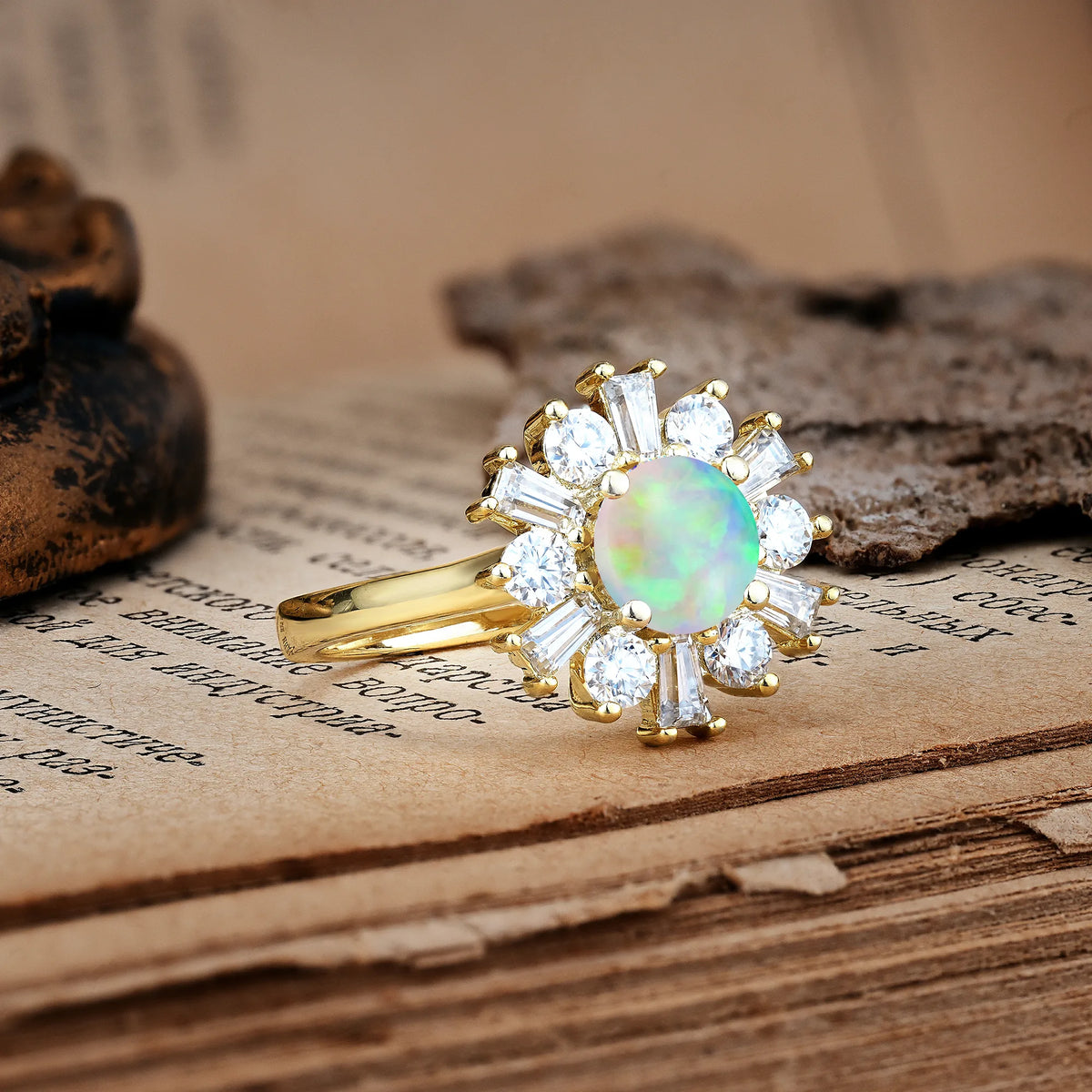 Unique Luxurious 4-Prong Round Cut Fire Opal Engagement Ring