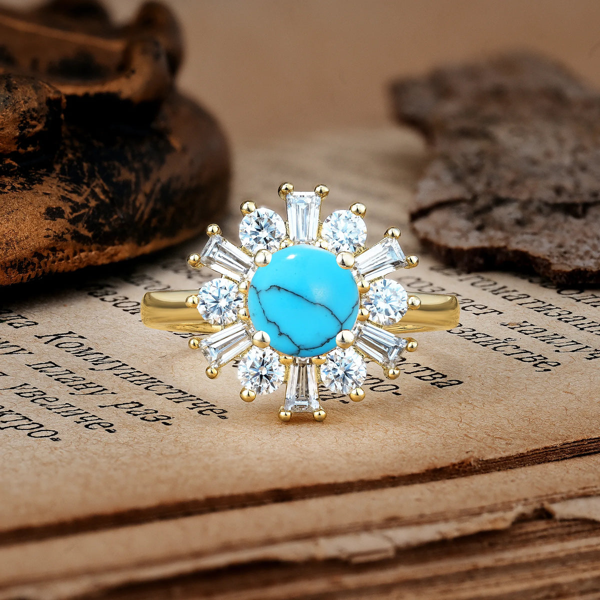 Unique Luxurious 4-Prong Round Cut Turquoise Engagement Ring