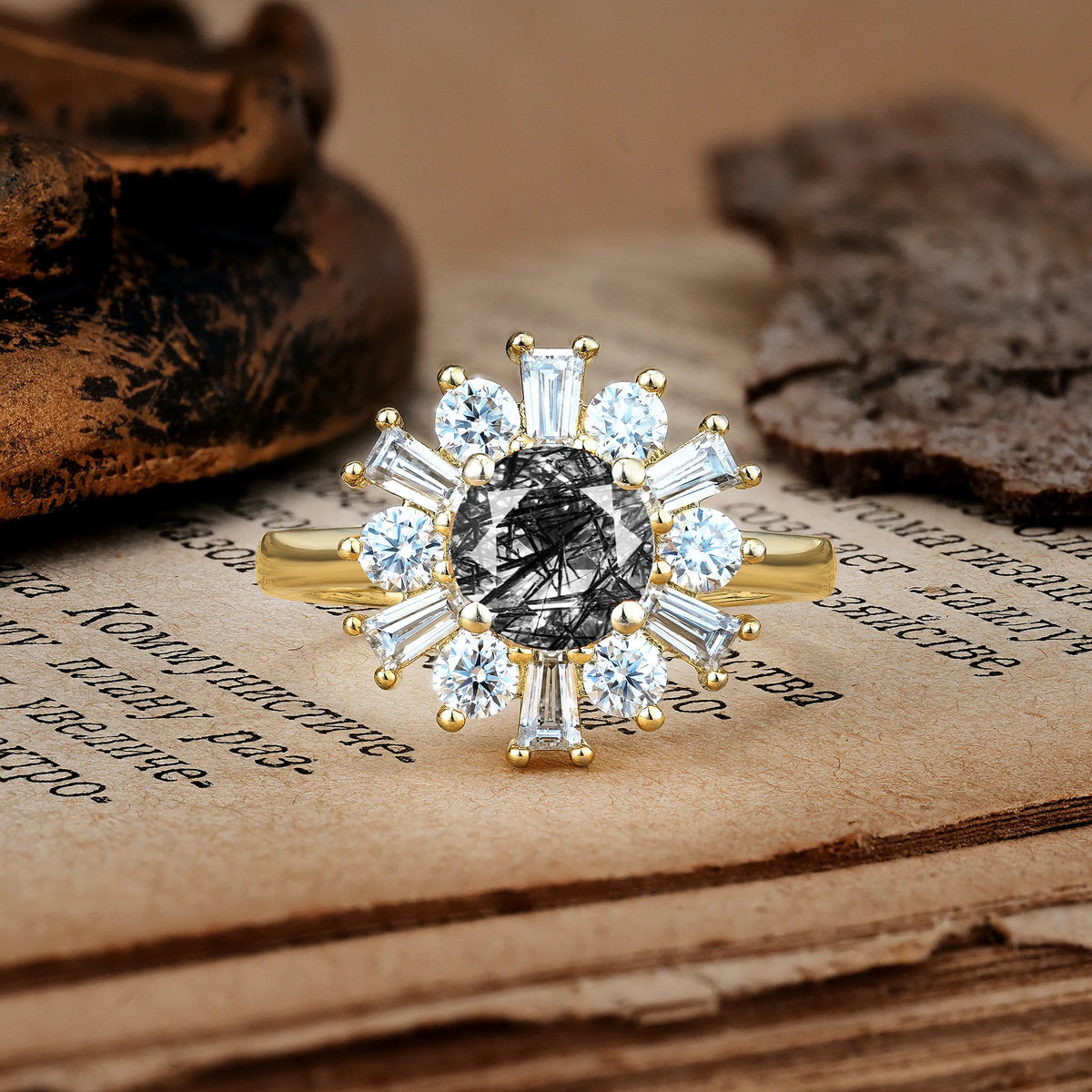 Unique Luxurious 4-Prong Round Cut Black Rutilated Quartz Engagement Ring