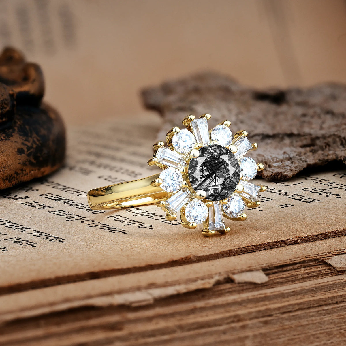 Unique Luxurious 4-Prong Round Cut Black Rutilated Quartz Engagement Ring