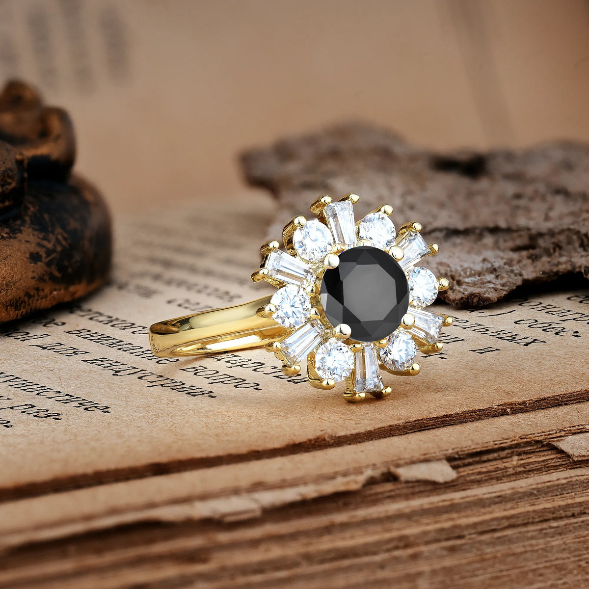 Unique Luxurious 4-Prong Round Cut Black Onyx Engagement Ring
