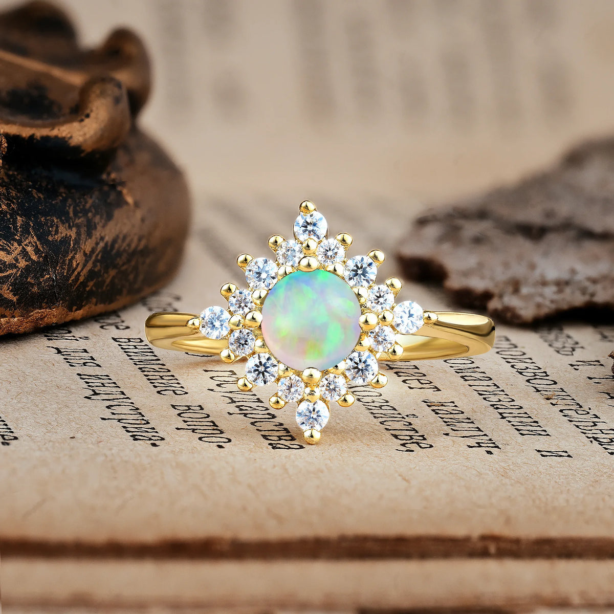 Distinctive 4 Prong Round Cut Fire Opal Engagement Ring