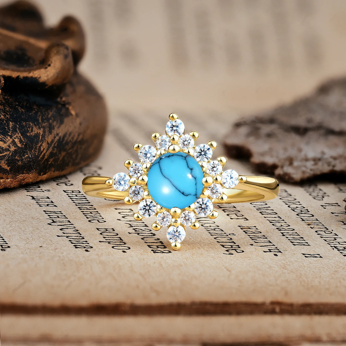 Distinctive 4 Prong Round Cut Turquoise Engagement Ring