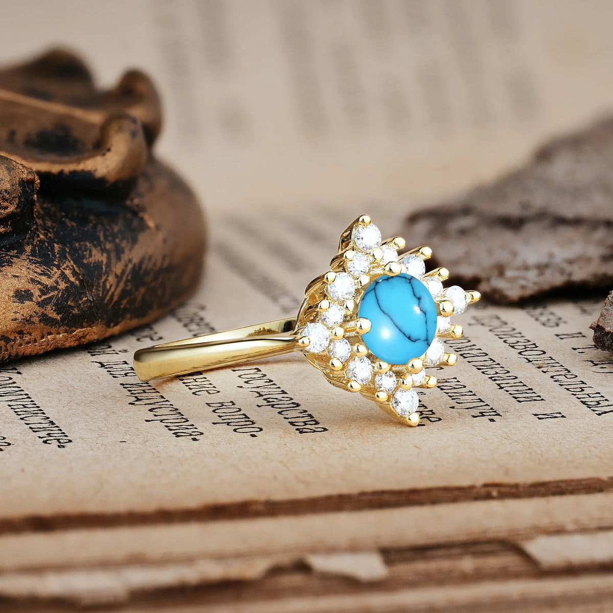 Distinctive 4 Prong Round Cut Turquoise Engagement Ring