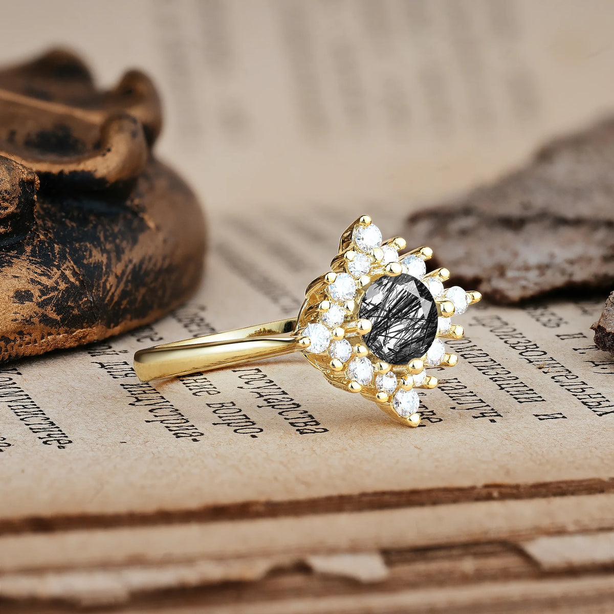 Distinctive 4 Prong Round Cut Black Rutilated Quartz Engagement Ring
