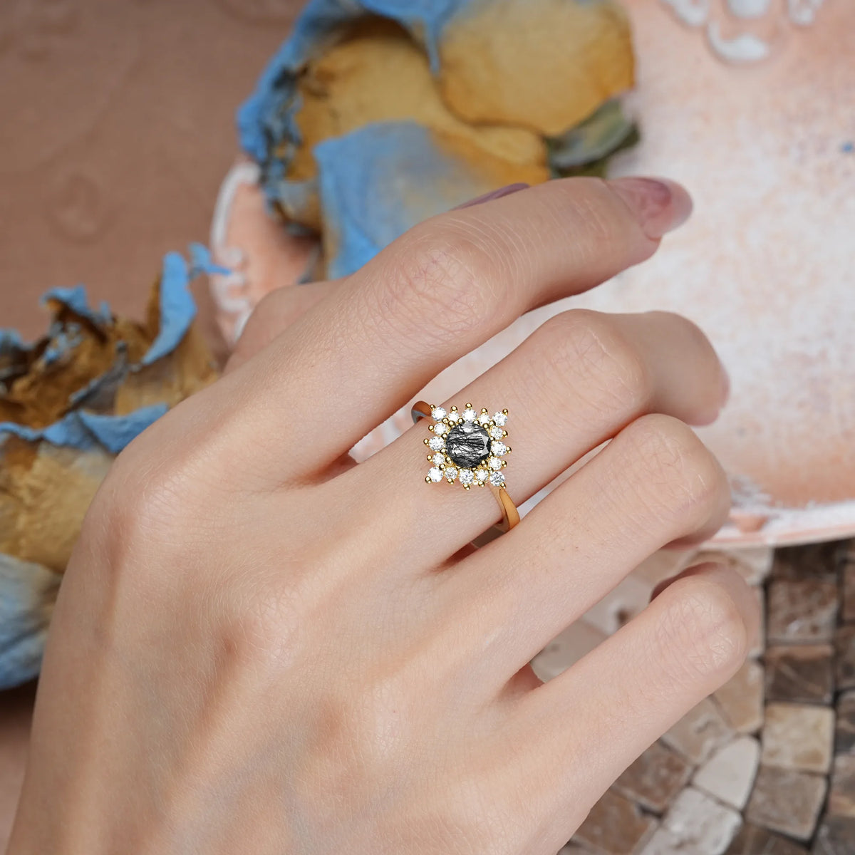 Round Cut Black Rutilated Quartz Distinctive 4 Prong Engagement Ring