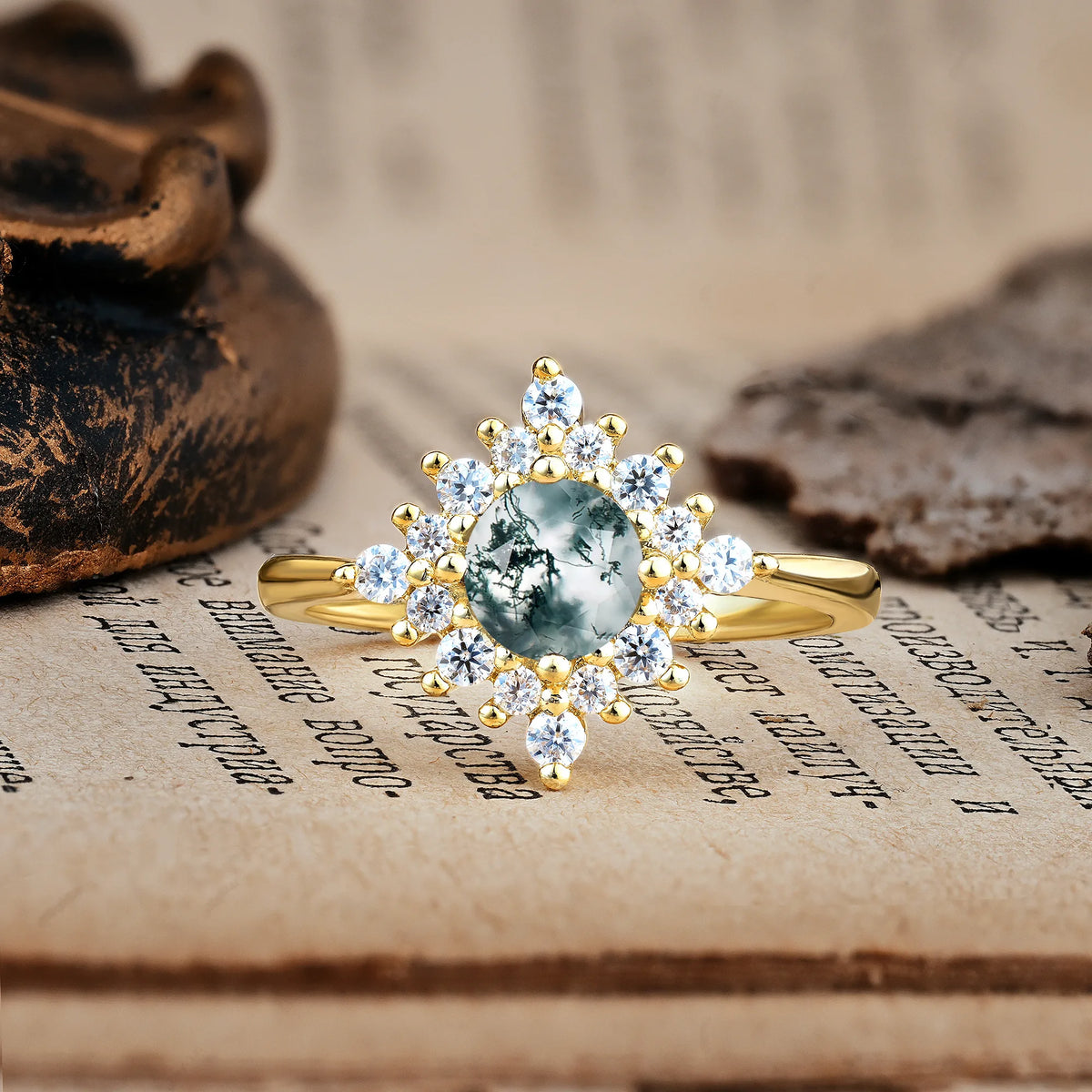 Distinctive 4 Prong Round Cut Moss Agate Engagement Ring