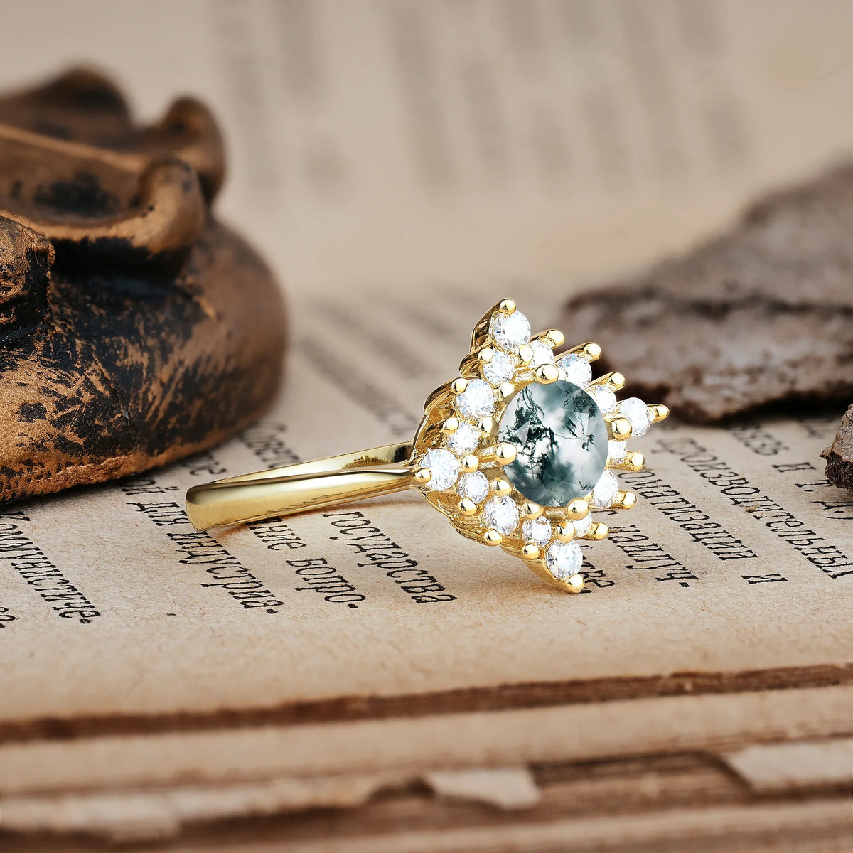 Distinctive 4 Prong Round Cut Moss Agate Engagement Ring