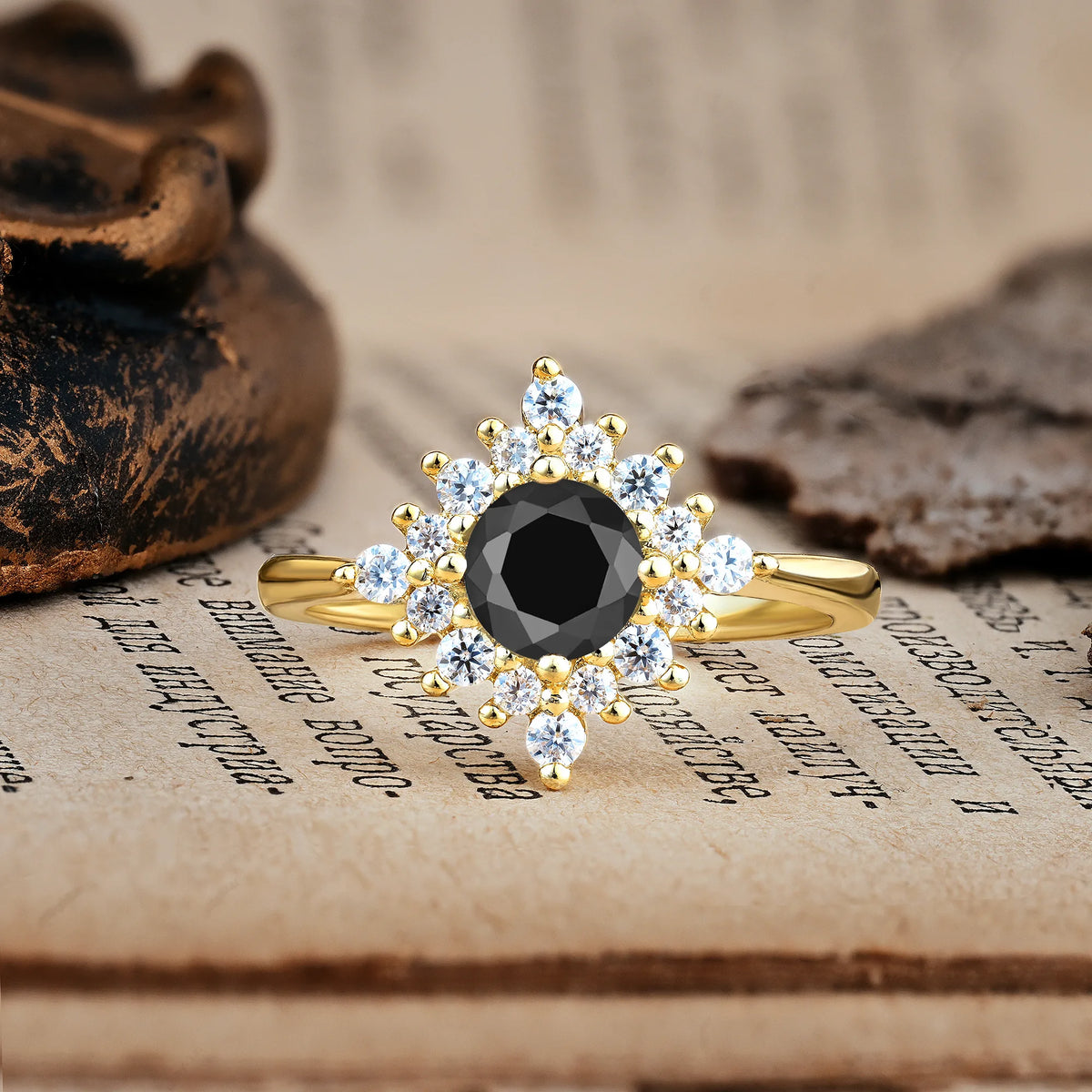 Distinctive 4 Prong Round Cut Black Onyx Engagement Ring