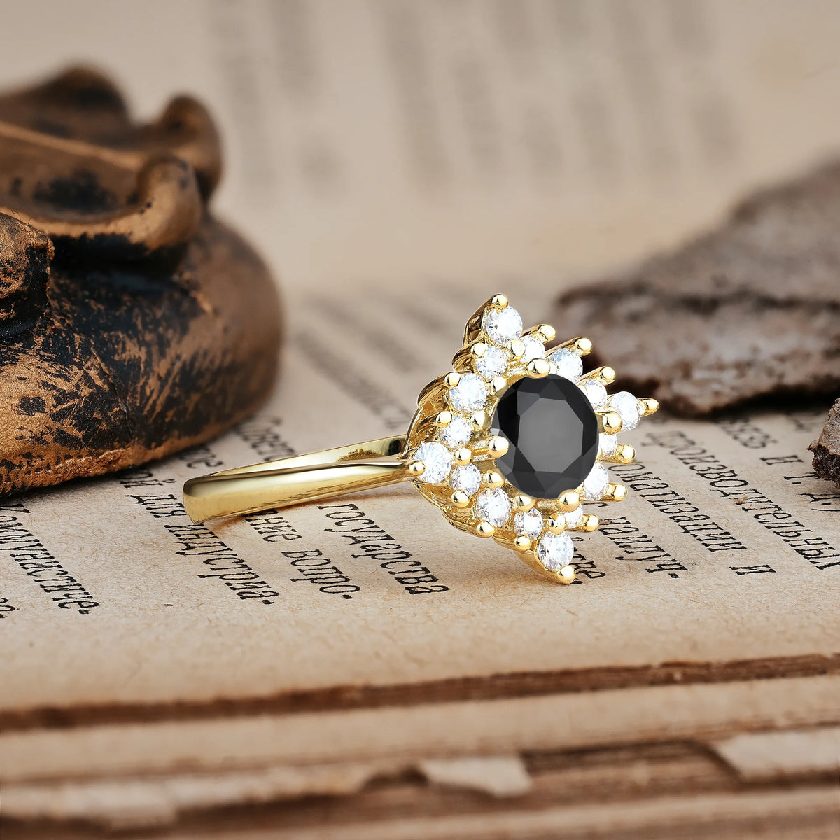 Distinctive 4 Prong Round Cut Black Onyx Engagement Ring