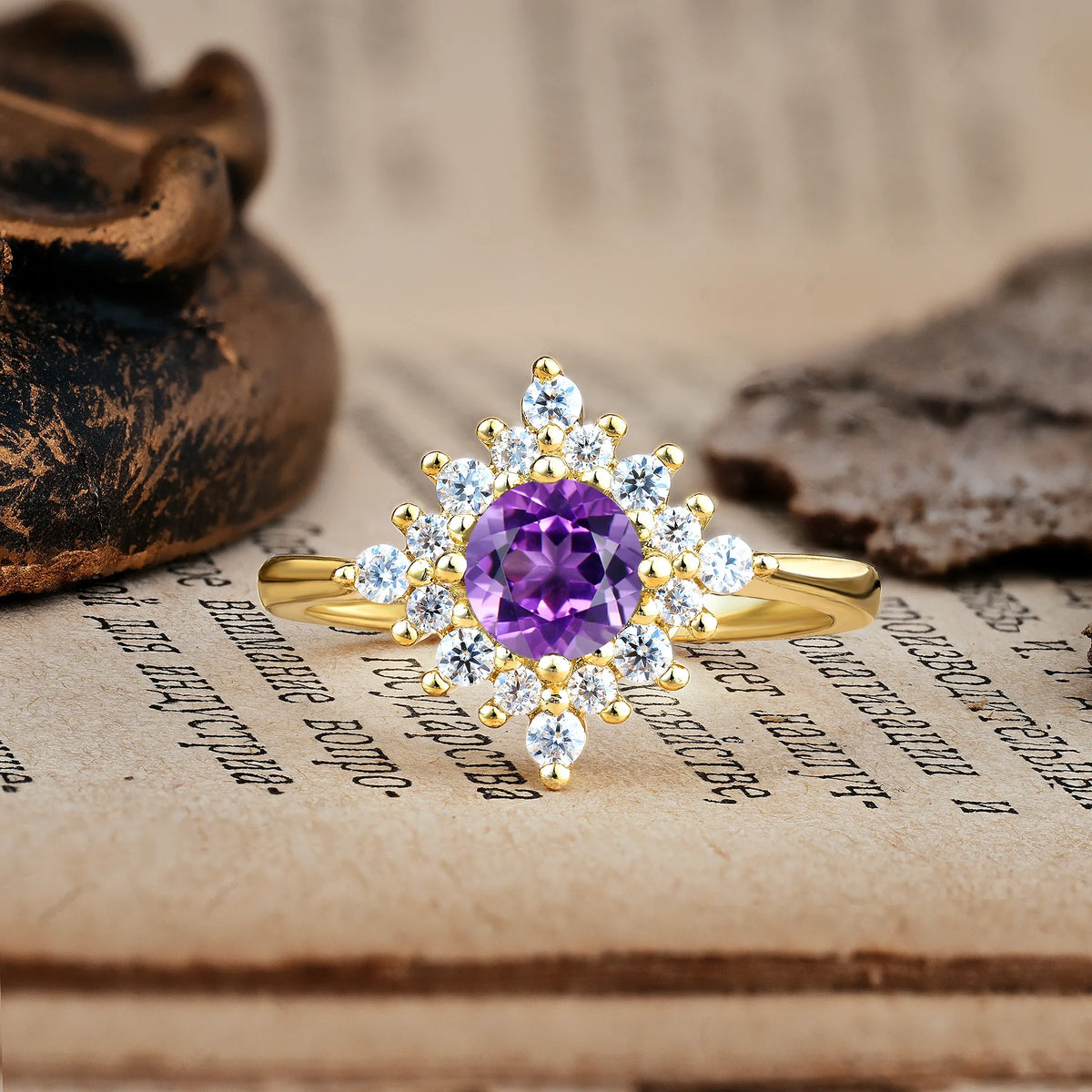 Distinctive 4 Prong Round Cut Amethyst Engagement Ring