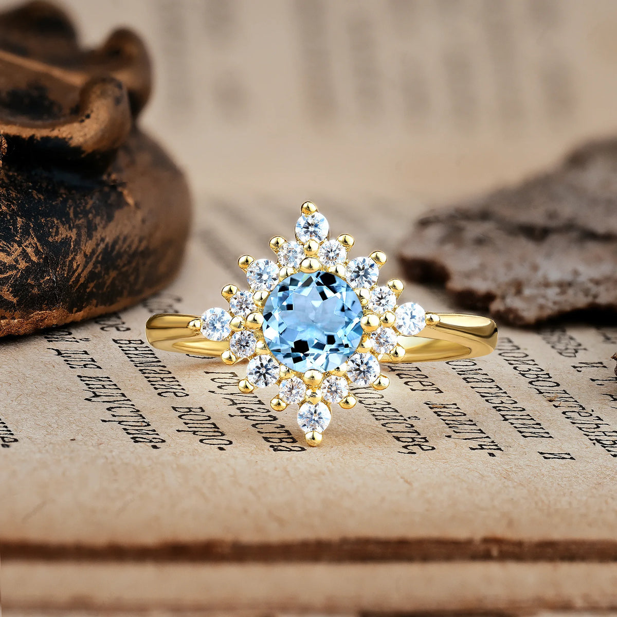 Distinctive 4 Prong Round Cut Aquamarine Engagement Ring